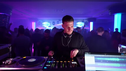 A Passionate DJ Energizing the Crowd in a Vibrant Nightclub: An Enthralling Experience of Music, Lights, and Dance that Captivates Everyone's Senses