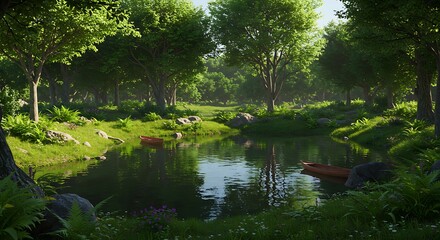 Lush Forest Sanctuary Bathed in Dappled Sunlight with a Calm, Reflective Pond.