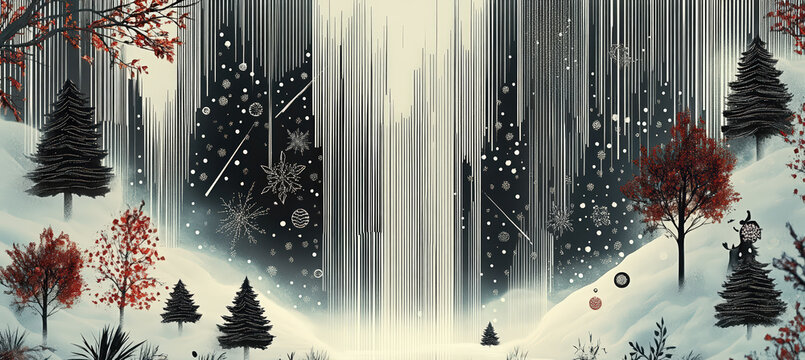 A tall frozen waterfall flowing through a winter forest, surrounded by mist, falling snow, and abstract shapes, forming a magical surreal landscape.