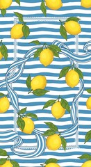 Lemon Pattern with Blue Stripes and Ribbon Frame.