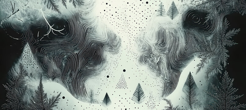 A dark surreal winter sky with flowing cloud-like forms and drifting particles above a snowy forest, forming a mysterious fantasy scene.