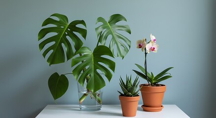 Lush Monstera Leaves, Blooming Orchid, Succulent, Terracotta Pots on White Table, Teal Wall.