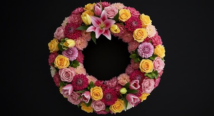Lush Symmetrical Wreath of Vibrant Roses, Lilies, and Gerberas on a Stark Black Background.