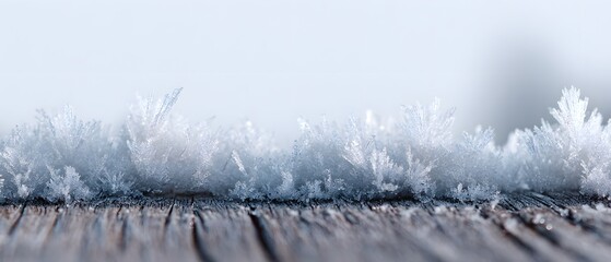 Close Up Of Delicate White Snowflakes Resting On Wooden Surface