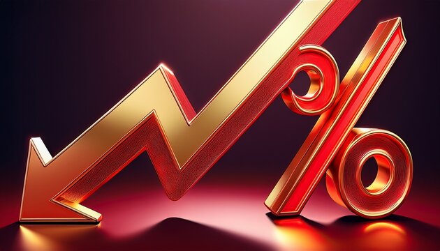stunning golden arrow curves downward beside vibrant red percentage sign symbolizing financial decline or reduced costs