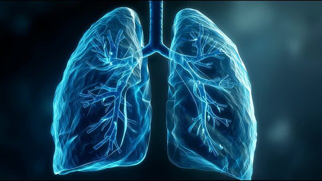 Glowing blue human lungs anatomy with bronchi and airways on a dark background