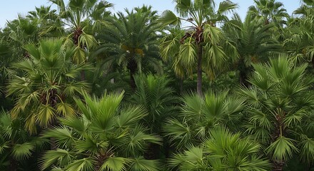 Lush Tropical Palm Grove Canopy Under Bright Sunlight, Dense Green Foliage.