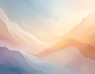 Abstract pastel landscape with flowing lines depicting a stylized mountain range under a bright sky
