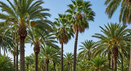 Lush Tropical Palm Grove Under a Clear Blue Sky, Vibrant Green Fronds Swaying Gently.