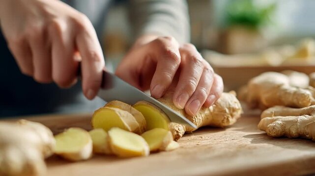 Fresh ginger slicing preparation creates vibrant kitchen atmosphere, showcasing culinary skills with fresh food and hands on cooking creativity