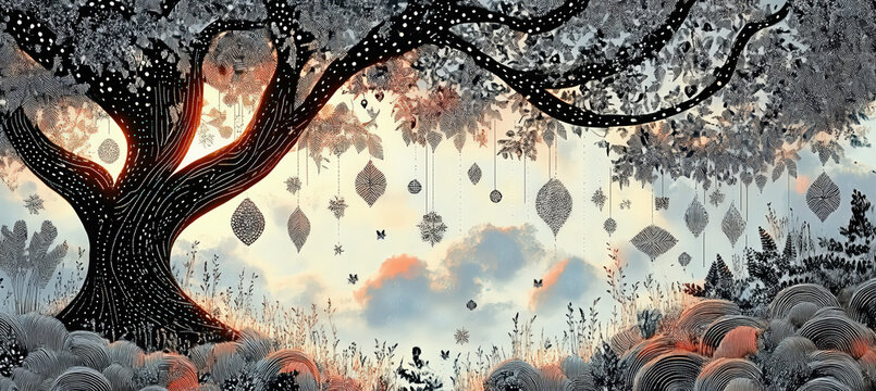 A glowing winter tree with spreading branches, drifting particles, and warm highlights, creating a magical surreal landscape.