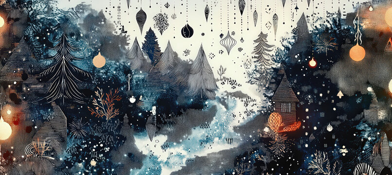 A glowing winter forest with drifting mist, falling snow, and abstract light patterns, creating a calm surreal atmosphere.
