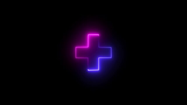 Glowing neon line plus symbol icon animation representing positive action, business counting add motion, technology success sign, and medical cross symbol on a dark background