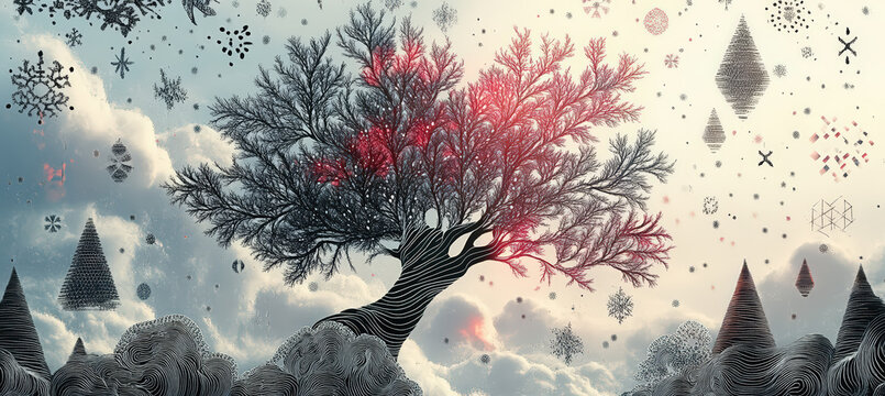 A glowing pink winter tree standing in a snowy field with floating particles, forming a dreamlike surreal landscape.