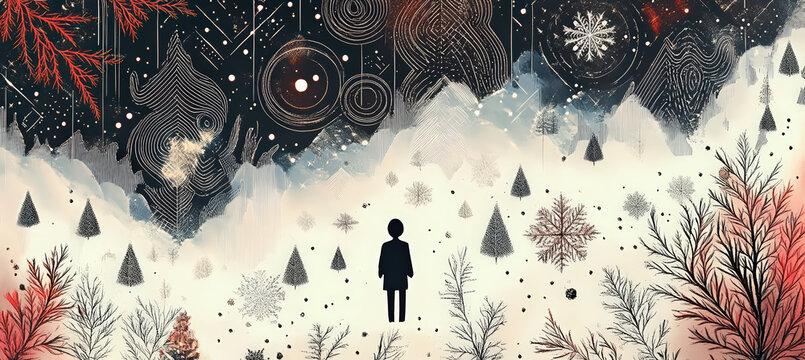 A lone figure walking through a snowy valley with drifting abstract shapes and soft mist, creating a peaceful surreal winter scene.