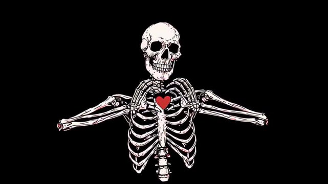 Skeleton holding a red heart with its hands forming a heart shape