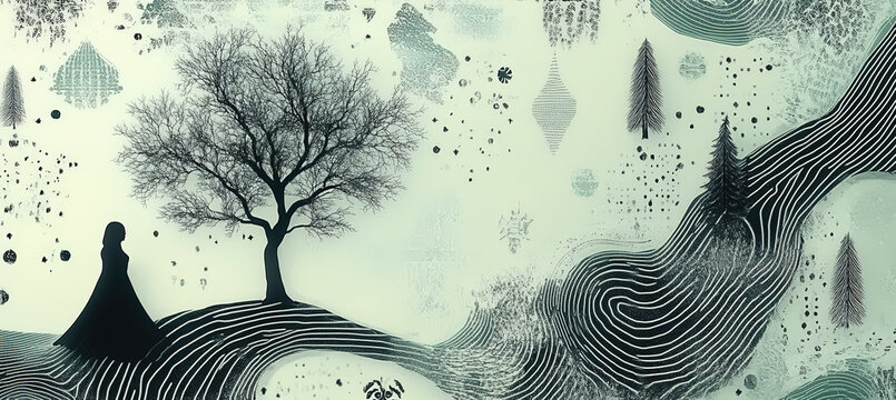 A surreal winter animal form emerging from snow and mist, surrounded by abstract textures and falling particles, forming a mysterious fantasy image.