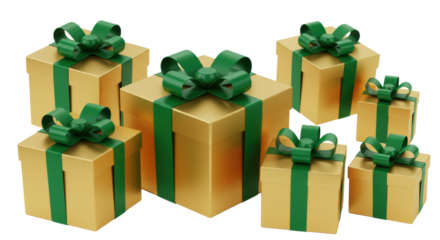 Highly detailed radiant gold gift boxes with emerald green satin bows, dynamically angled on a transparent studio background with copy space. Luxurious festive celebration concept