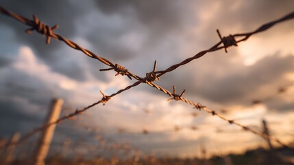 Obraz premium Barbed Wire Against a Dramatic Cloudy Sky - A Symbol of Restriction and Conflict.