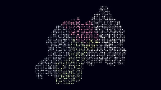 Rwanda animation. Shape of the country with pulsating colored dots. Small size rounded square blocks. Digital style Rwanda map on dark background. Simple video.