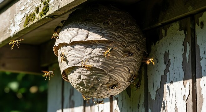 Wasp Nest Hanging on Wooden Structure.