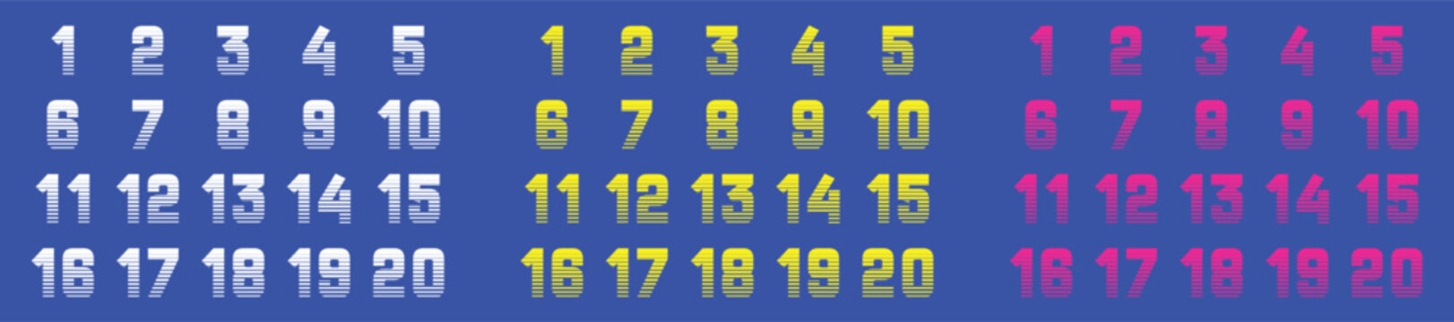 Retro Math Numbers Set (1 to 20) with Stripes Vector Illustration.
