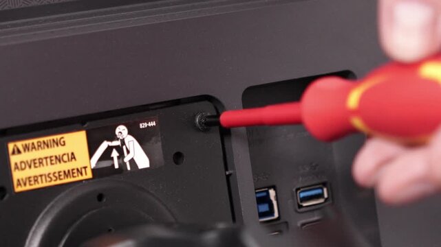 A technician's hand uses a screwdriver for electronic device repair, demonstrating hardware assembly, computer maintenance service, and technical support. Zoom