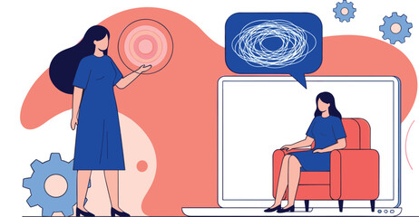Online therapy and psychology vector illustration with female psychologist helping patient through laptop screen for mental health counseling and emotional support services concept