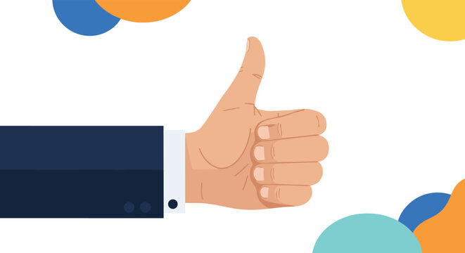 Successful business hand giving a thumbs up gesture against a white background with colorful abstract geometric shapes.