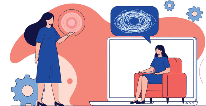 Online therapy and psychology vector illustration with female psychologist helping patient through laptop screen for mental health counseling and emotional support services concept - Powered by Adobe