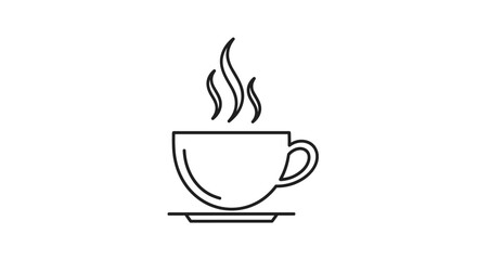Obraz premium Minimalist black and white line art illustration of a steaming cup of coffee sitting on a saucer for cafe and morning themes.