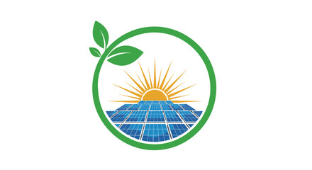 Solar energy logo featuring blue photovoltaic panels under a rising sun enclosed in a green circular frame with leaves.