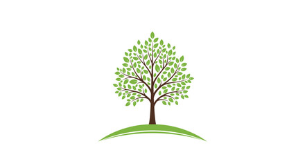 Fototapeta premium Beautiful stylized green tree with many small leaves standing on a soft grassy hill against a plain white background.