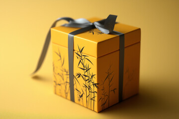 Ż&oacute;łte pudełko prezentowe z czarnym motywem bambusa i szarą wstążką na ż&oacute;łtym tle. Elegancki upominek