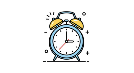 Light blue twin bell alarm clock with yellow bells and a white face showing the time surrounded by small decorative icons.