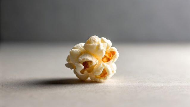 Close up of a single fluffy popcorn kernel on a textured grey surface illuminated by soft studio lighting