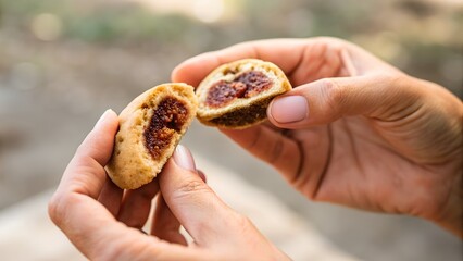 Close Up Of Hands Holding A Broken Fig Cookie With Sticky Jam Filling Outdoors