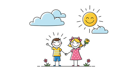 Naklejka premium Whimsical drawing of two happy children playing together in a garden under a smiling sun and fluffy clouds.