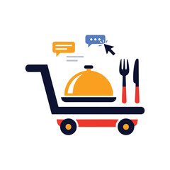 Food delivery cart with covered dish utensils and speech bubbles with pointer