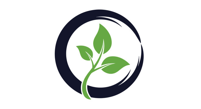Modern nature logo showing a green plant with three leaves growing inside a stylized dark circular frame outline.