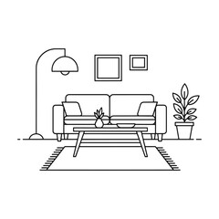 Minimalist living room with couch coffee table lamp and potted plant sofa