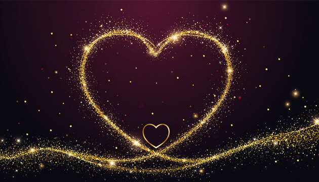 Lujoso coraz&oacute;n grande de oro texturizado y purpurina sobre fondo p&uacute;rpura intenso. Un peque&ntilde;o coraz&oacute;n dorado pulido cuelga en el centro rodeado de confeti brillante y destellos de luz.