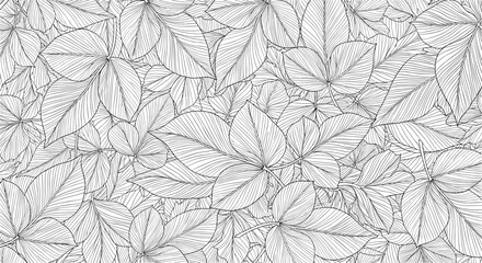 Dense and intricate seamless pattern of overlapping leaves, drawn in a detailed black and white line art engraving style.