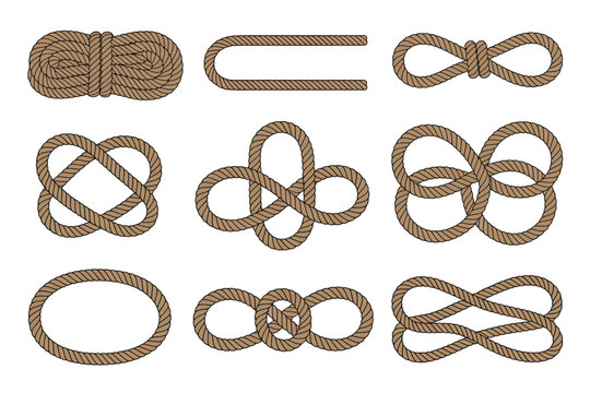 Collection of various rope forms and nautical knots illustrated on a plain white background