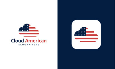 A cloud-shaped logo featuring the American flag design with stars and stripes, presented alongside an app icon.