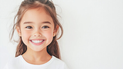 Cheerful child girl with long brown hair smiling confidently, wearing white shirt, standing against white background