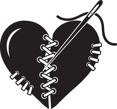 Black broken heart shape stitched together with white lace and needle sewing