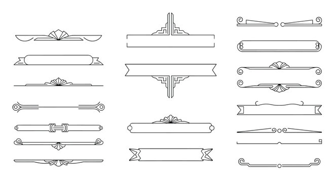 A diverse collection of elegant Art Deco style dividers, borders, and text frames in a clean black and white line art design.