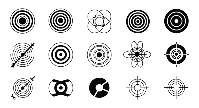 A varied set of black and white target and bullseye icons, including abstract and classic designs for representing goals and accuracy.
