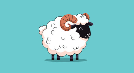 Obraz premium A cute and charming cartoon illustration of a fluffy white ram with large curved horns and a black face, on a simple blue background.